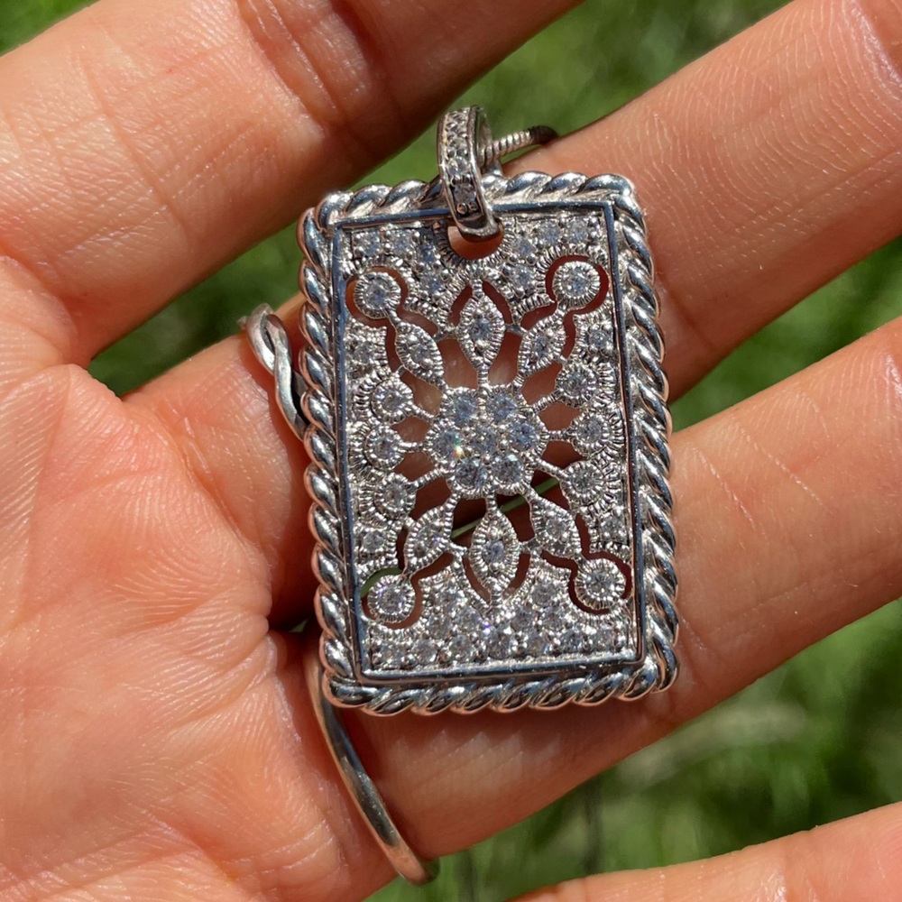 Sterling silver 925 ornate rectangle medallion CZ diamond encrusted necklace